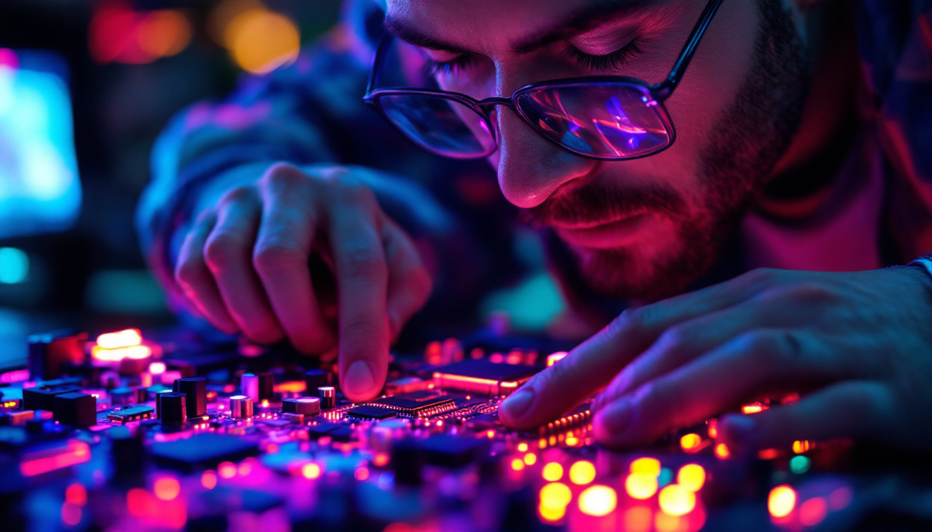 A photograph of a close-up of an engineer examining a circuit board with vibrant rgb led lights illuminating the workspace