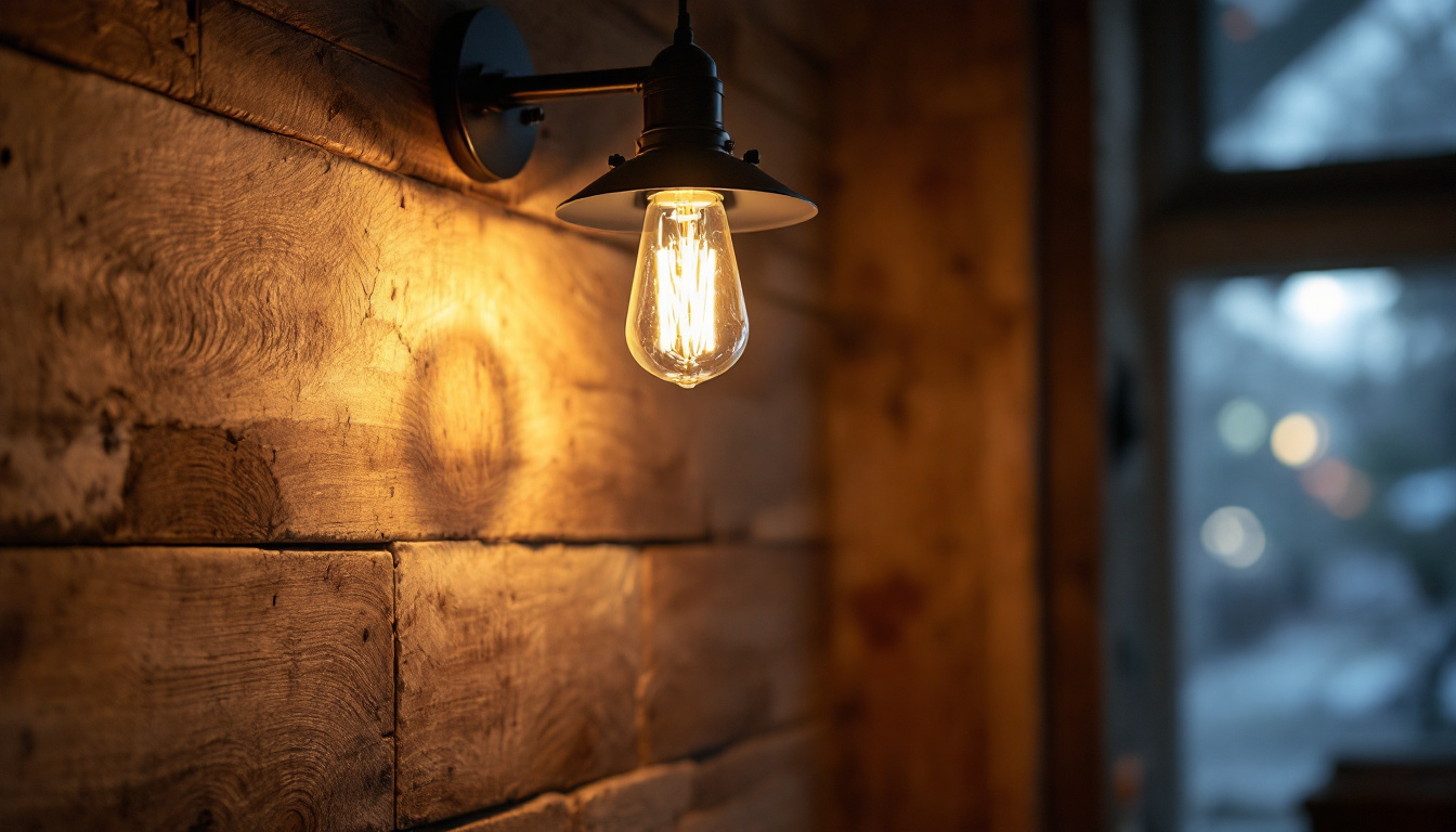 A photograph of a stylish barn light fixture installed in a rustic setting
