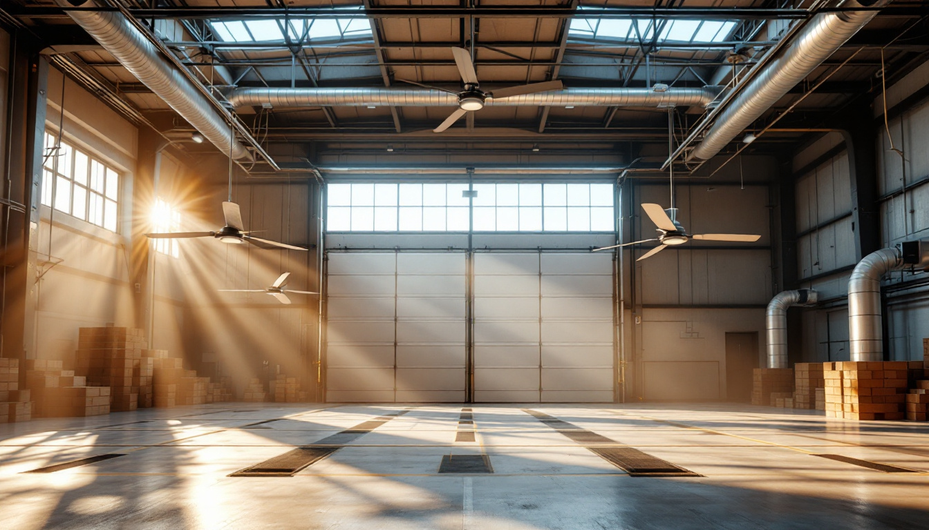 A photograph of a spacious industrial setting featuring large ceiling fans in operation