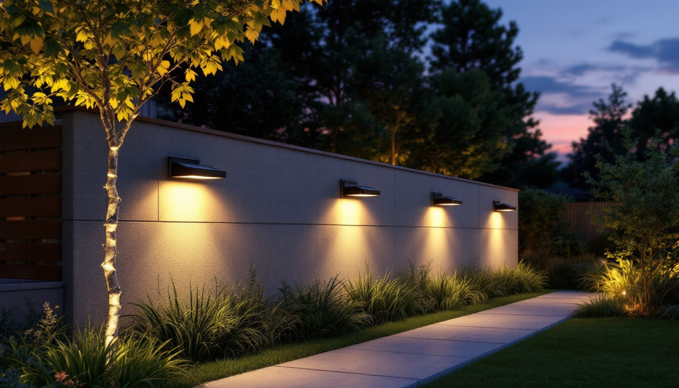 A photograph of a beautifully lit outdoor space featuring solar wall lights in action