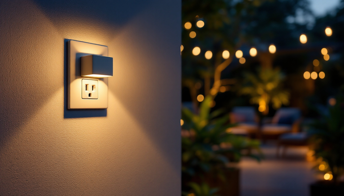 A photograph of a beautifully lit outdoor space featuring an outlet with integrated lighting