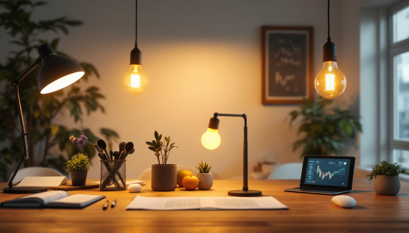 A photograph of a well-lit workspace showcasing 4 ft led light bulbs installed in various lighting setups
