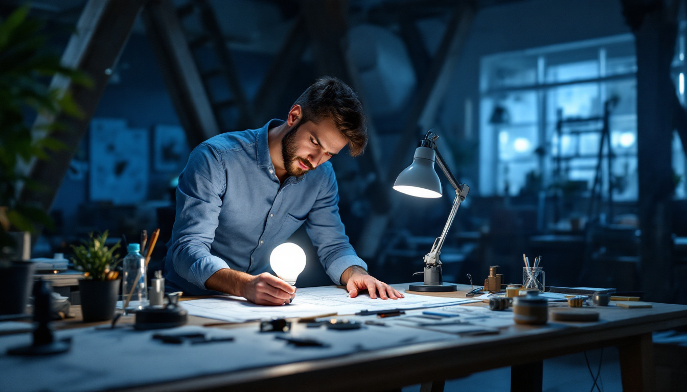 A photograph of a well-lit workspace showcasing an electrical engineer designing a 4-foot light bulb