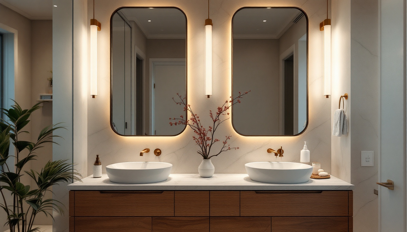 A photograph of a stylish bathroom featuring a well-lit vanity area