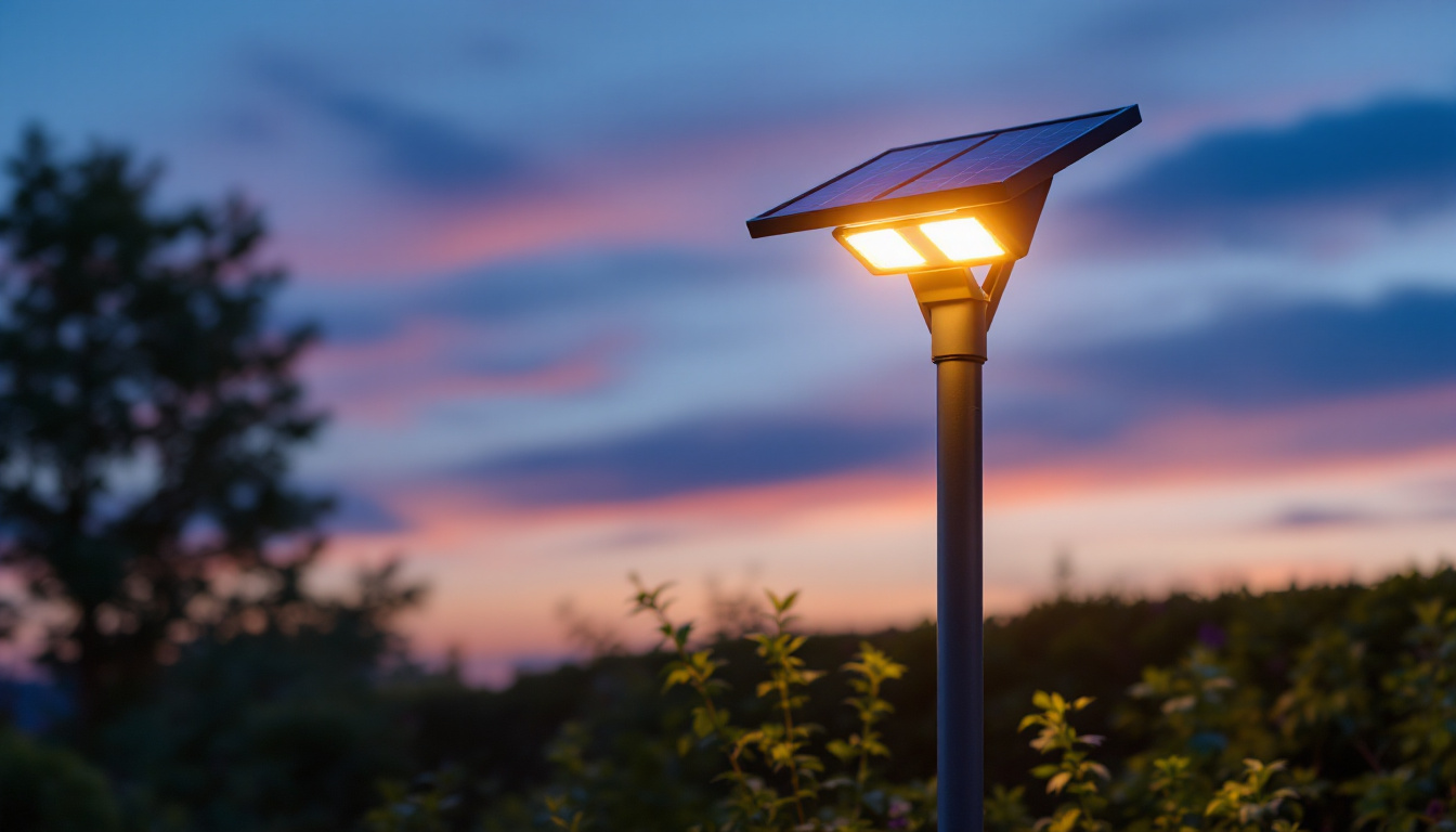 A photograph of a solar yard light pole illuminated at dusk