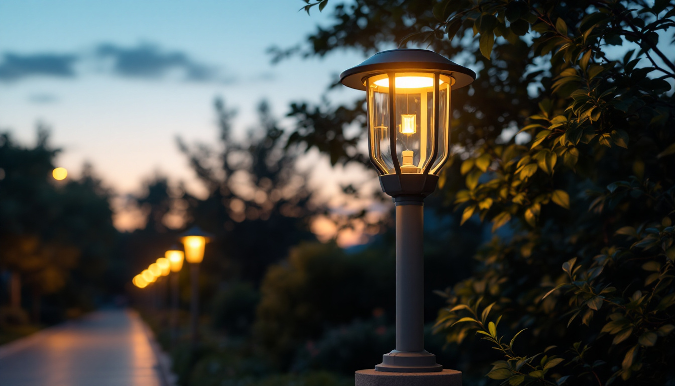 A photograph of a beautifully designed solar light lamp post illuminated at dusk