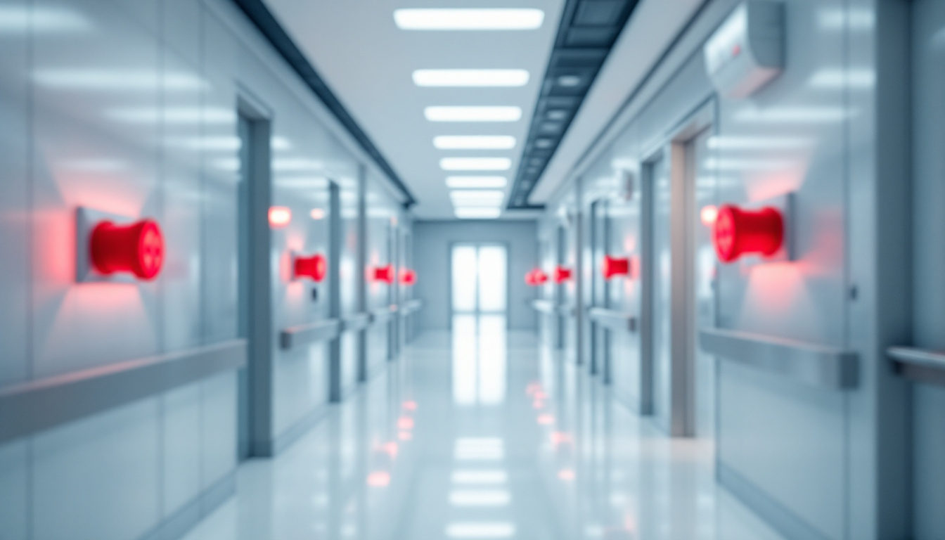 A photograph of a modern hospital interior featuring red outlets integrated into contemporary lighting designs