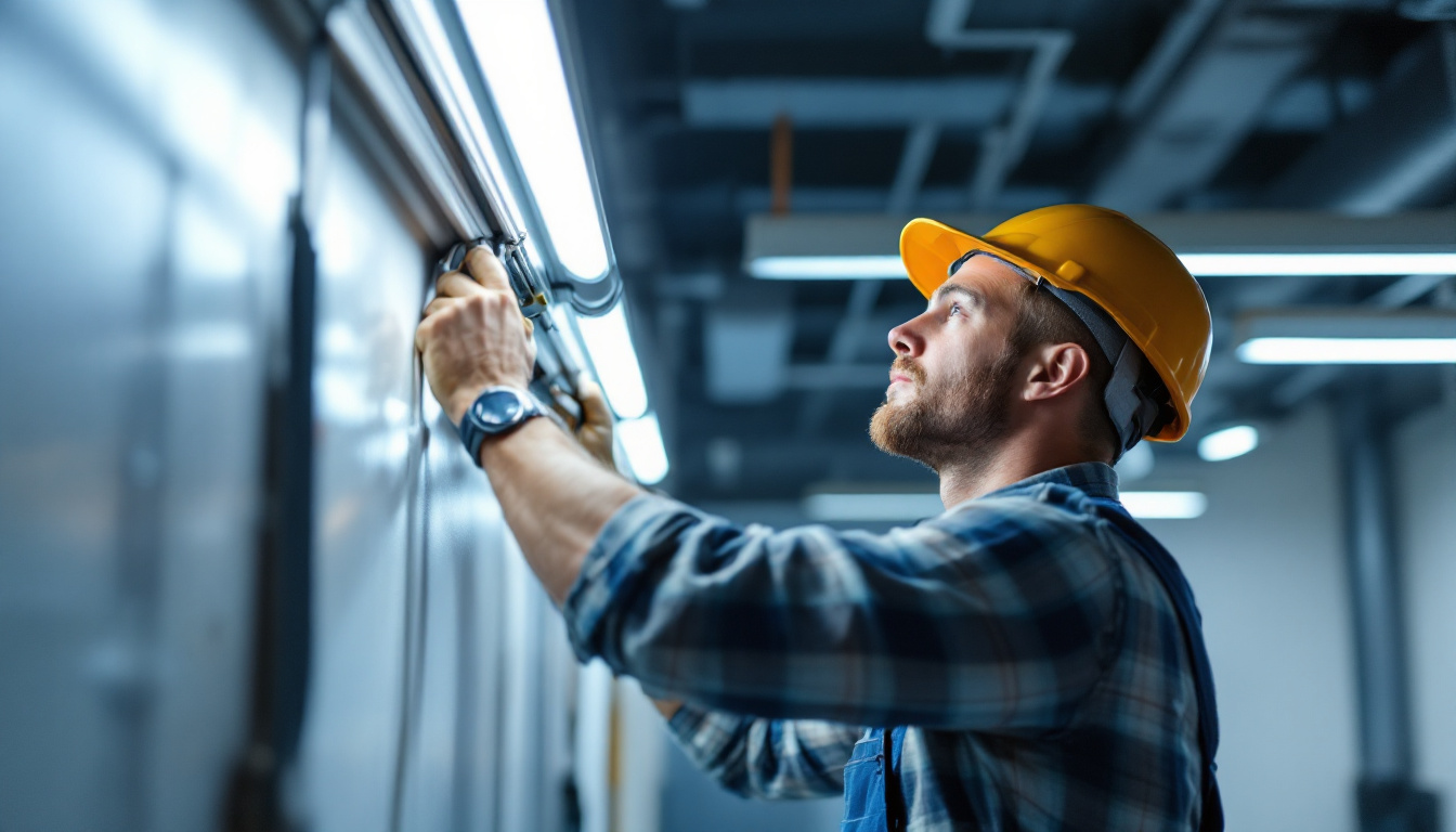 A photograph of a skilled electrician or technician installing fluorescent lights in a well-lit workspace