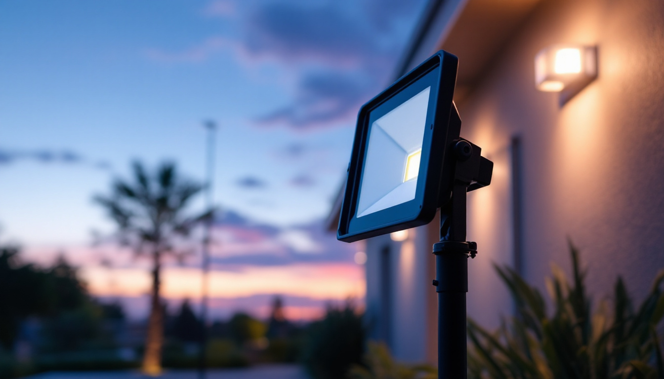 A photograph of a well-lit outdoor scene showcasing rab led flood light fixtures in action