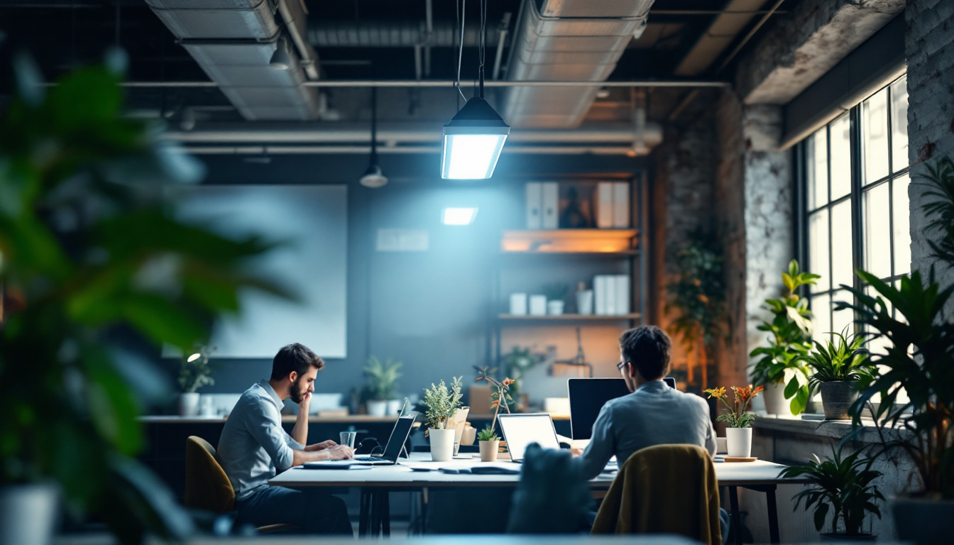 A photograph of a well-lit workspace featuring a 4' fluorescent light fixture installed overhead