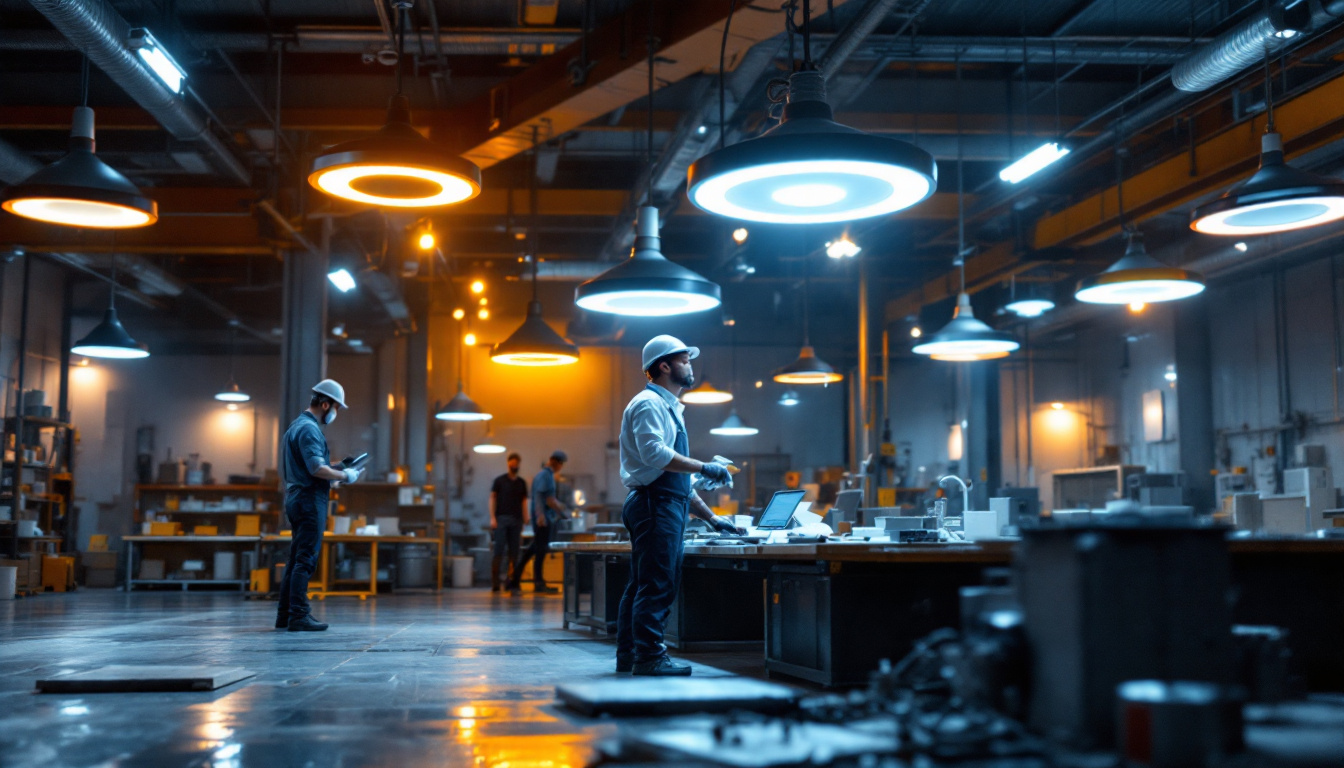 A photograph of a modern industrial space illuminated by ufo high bay lights