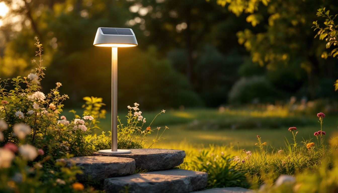 A photograph of a beautifully designed ikea solar lamp in a natural outdoor setting during golden hour