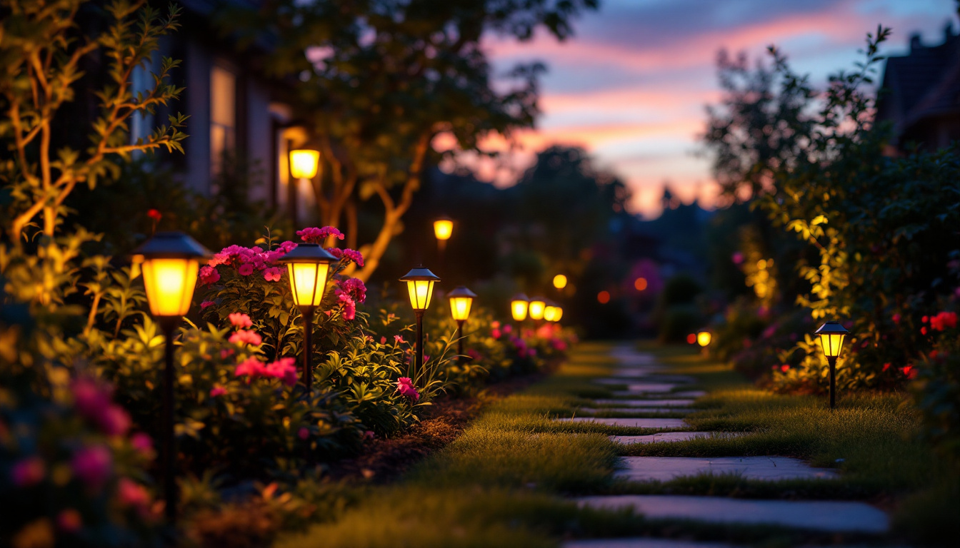 A photograph of a vibrant outdoor scene illuminated by low-cost solar lights at dusk