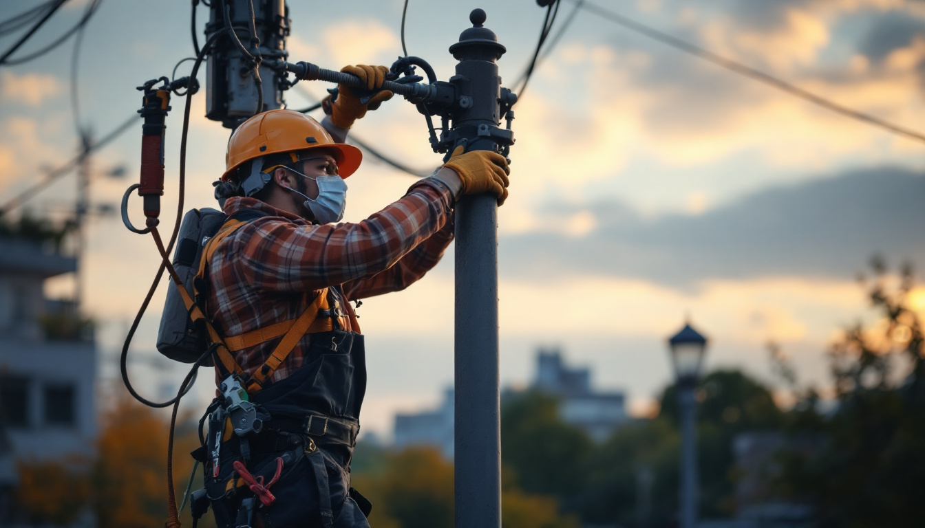 A photograph of a skilled electrical engineer replacing the top of a lamp post