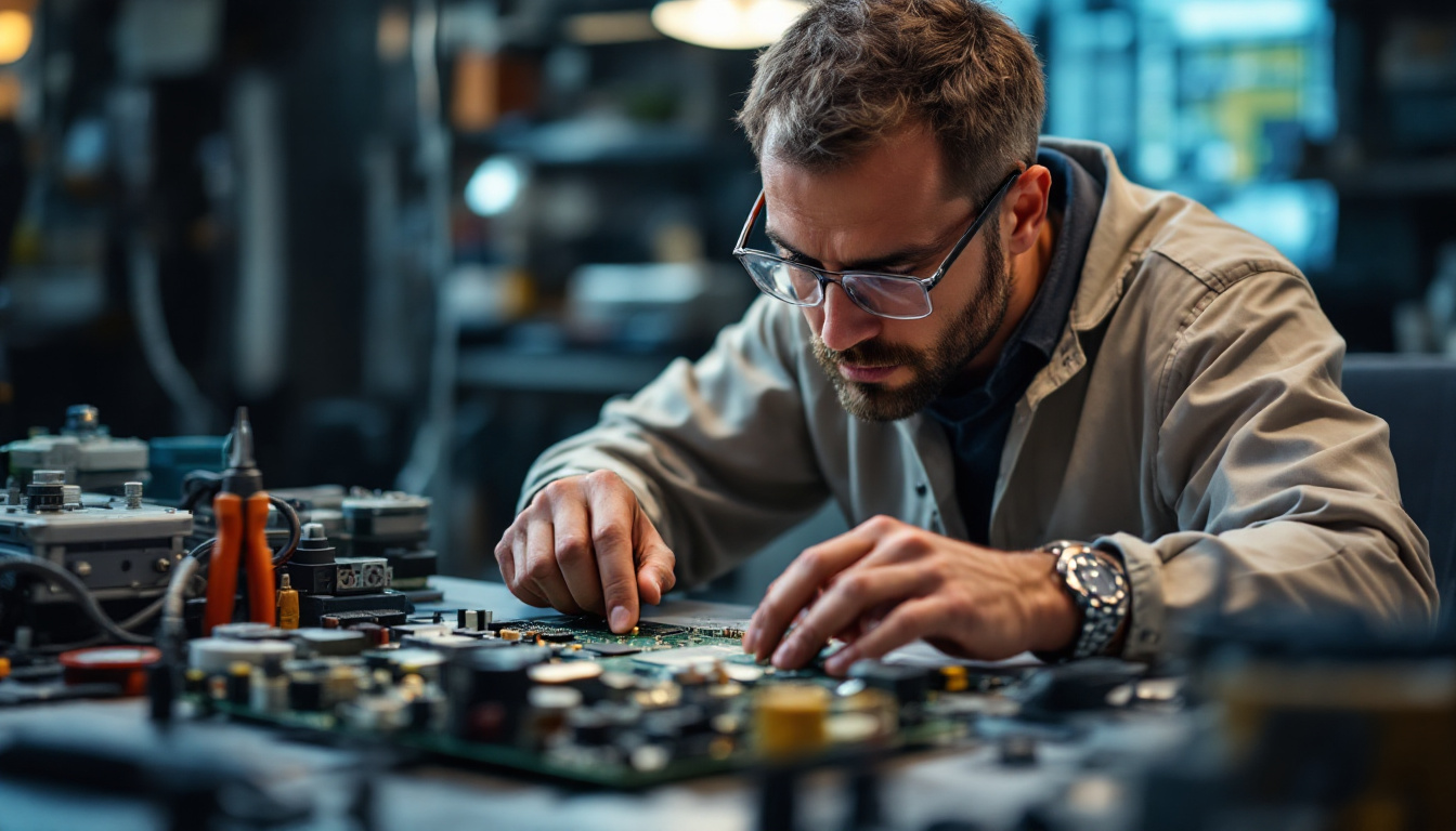 A photograph of a skilled electrical engineer working intently on a circuit board