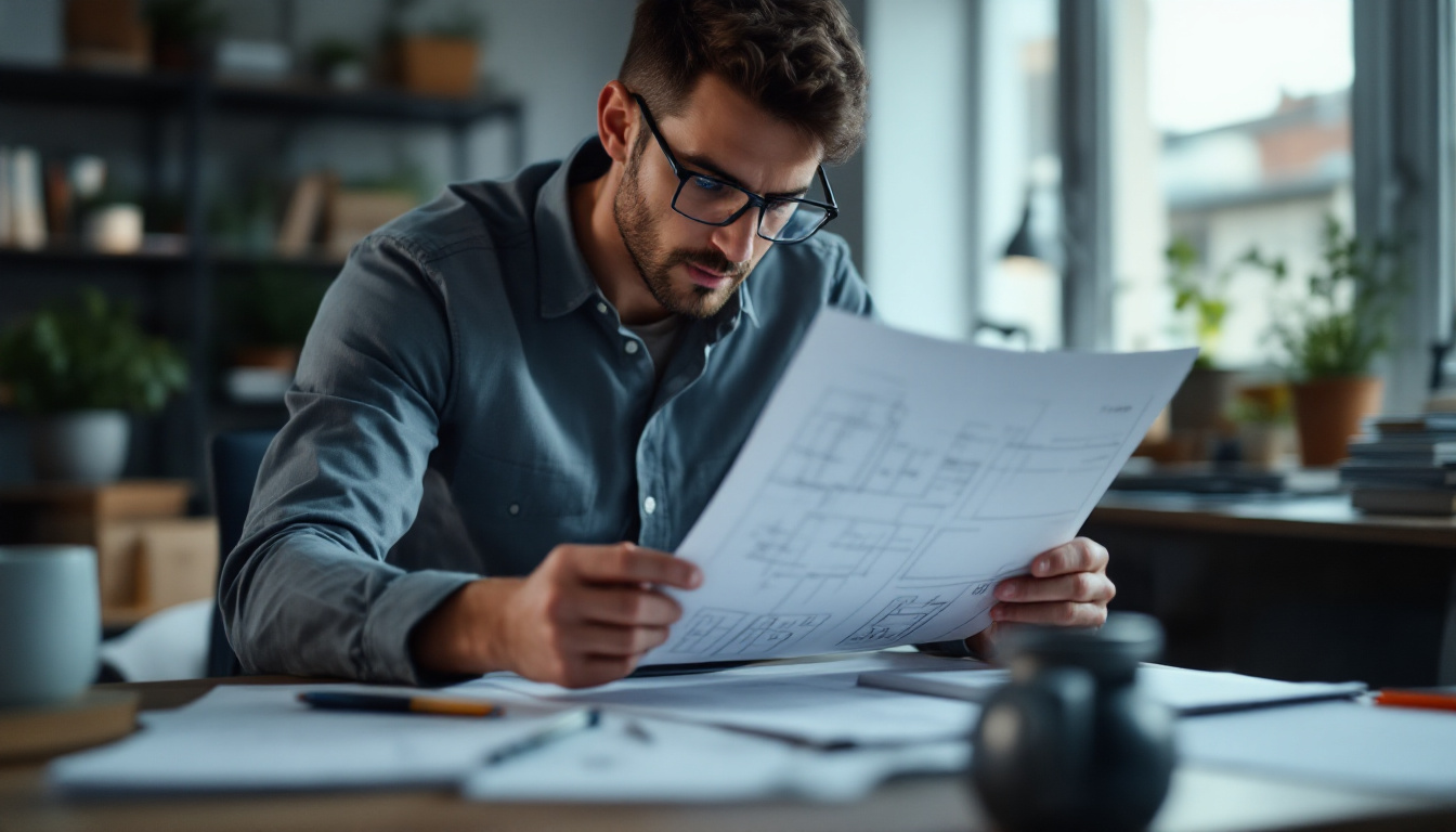 A photograph of a professional engineer reviewing electrical schematics and codes in a well-lit office setting