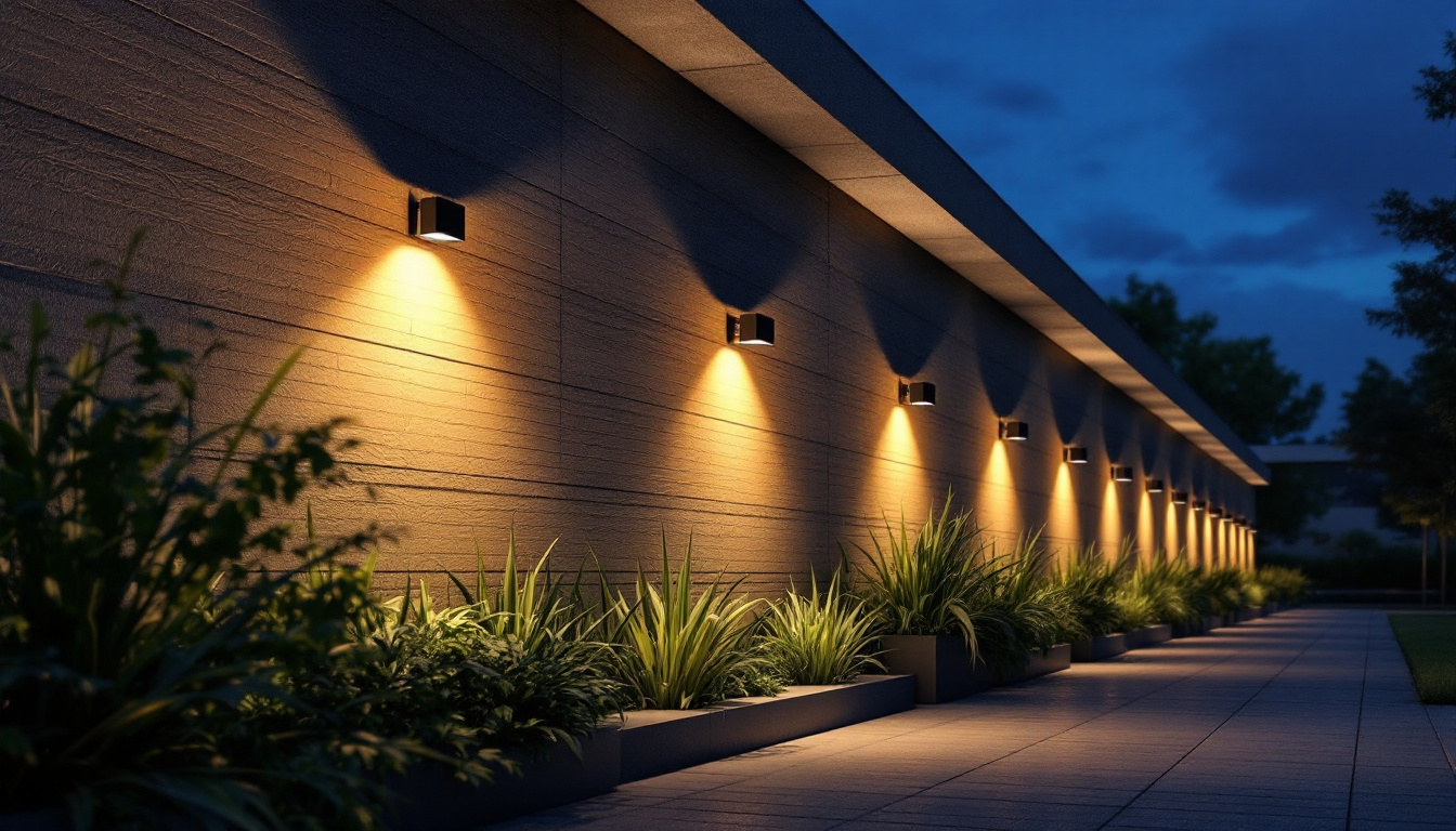 A photograph of a large-scale outdoor installation of exterior wall-mounted solar lights illuminating a spacious area
