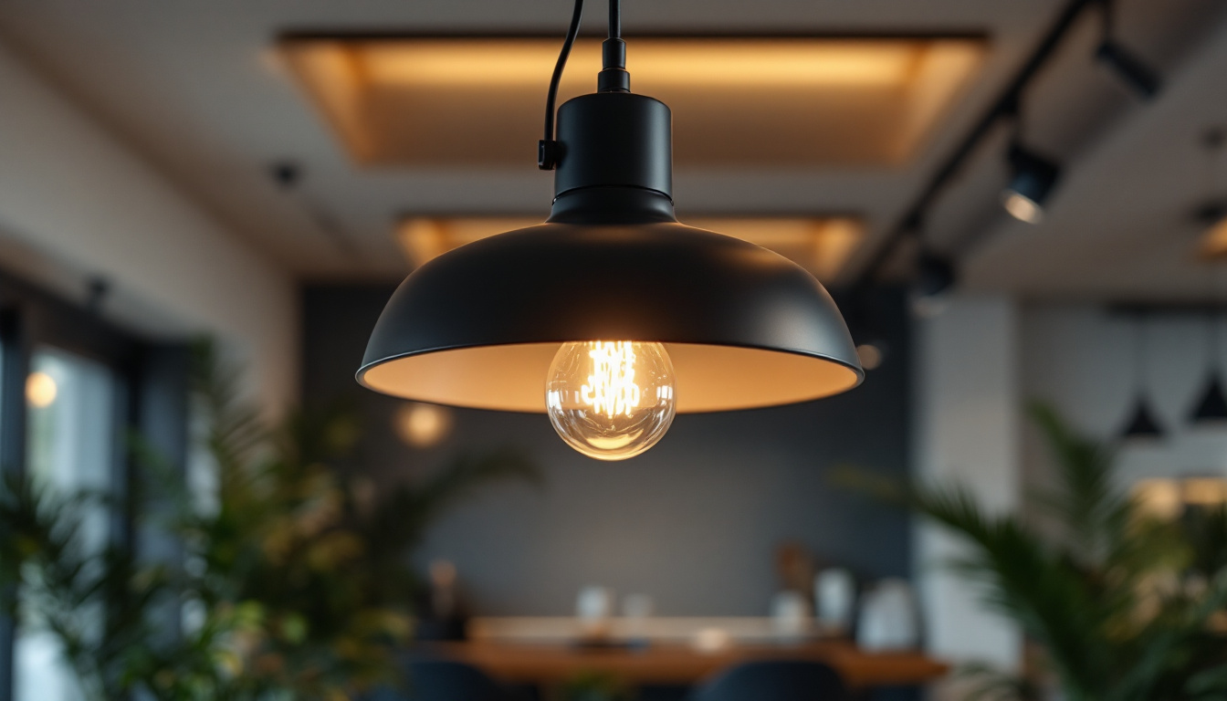A photograph of a modern commercial light fixture in an office or retail environment