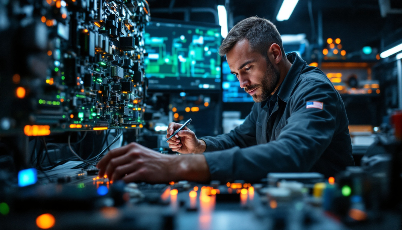 A photograph of a focused electrical engineer at work in a modern lab