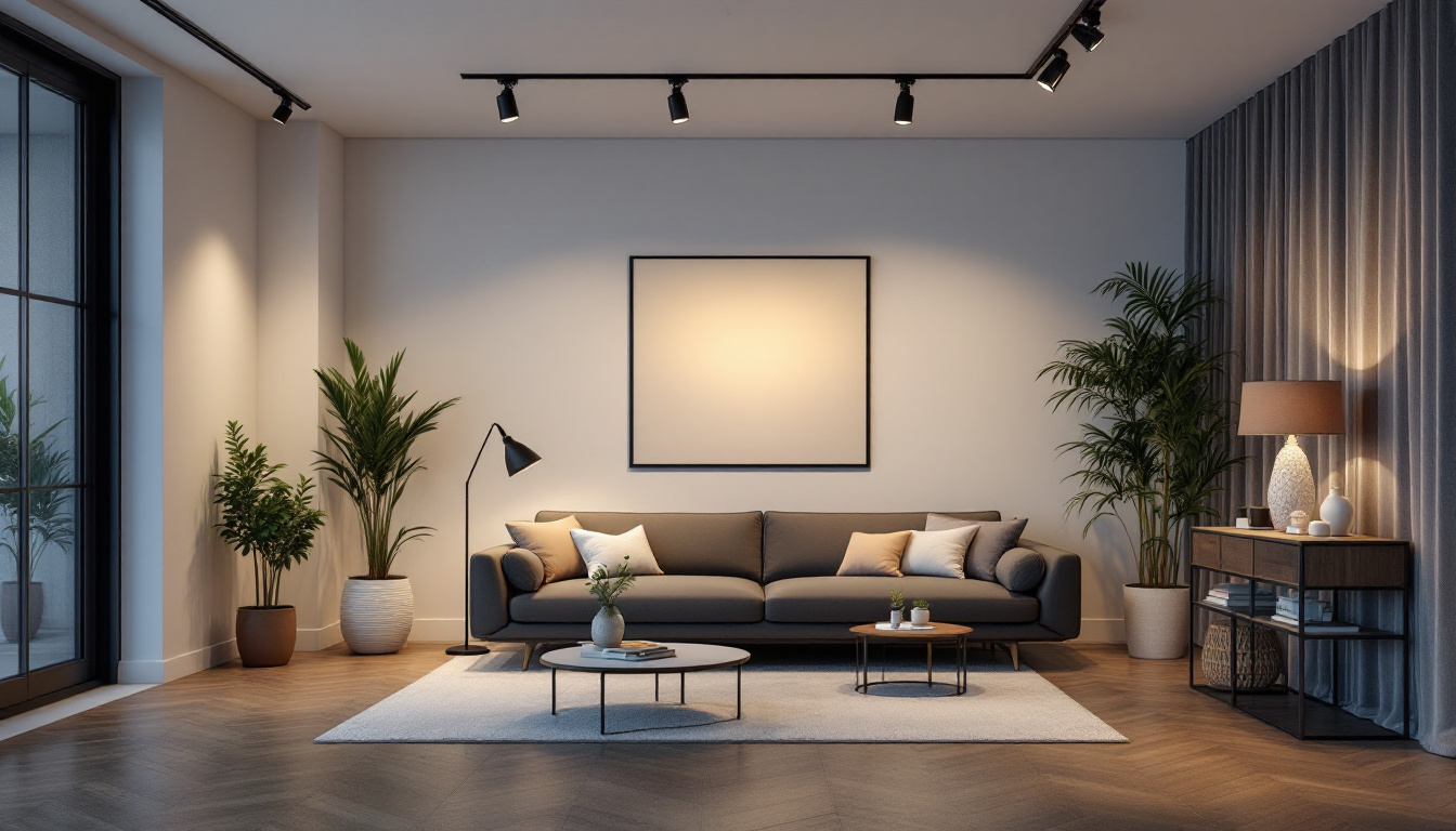 A photograph of a beautifully designed interior space featuring adjustable track lighting in action