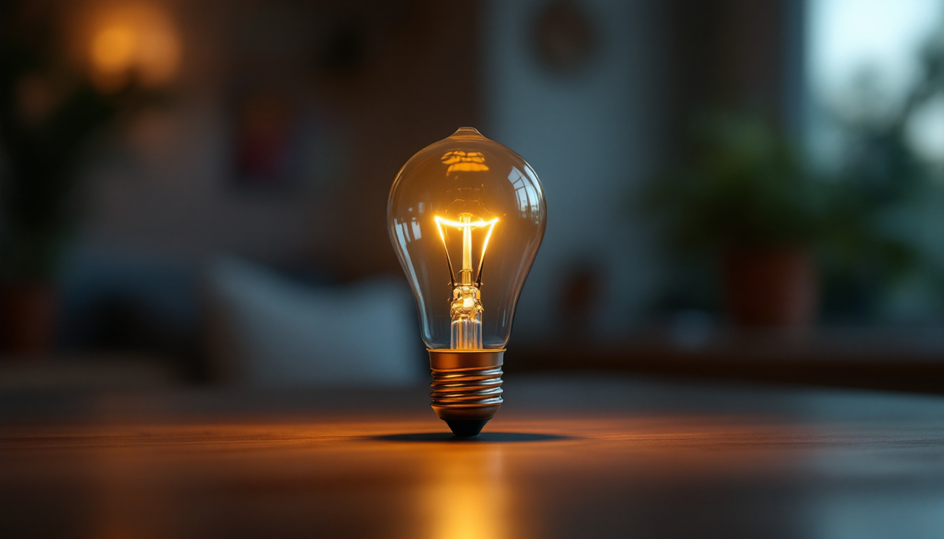 A photograph of a type b 15-watt light bulb illuminated in a cozy