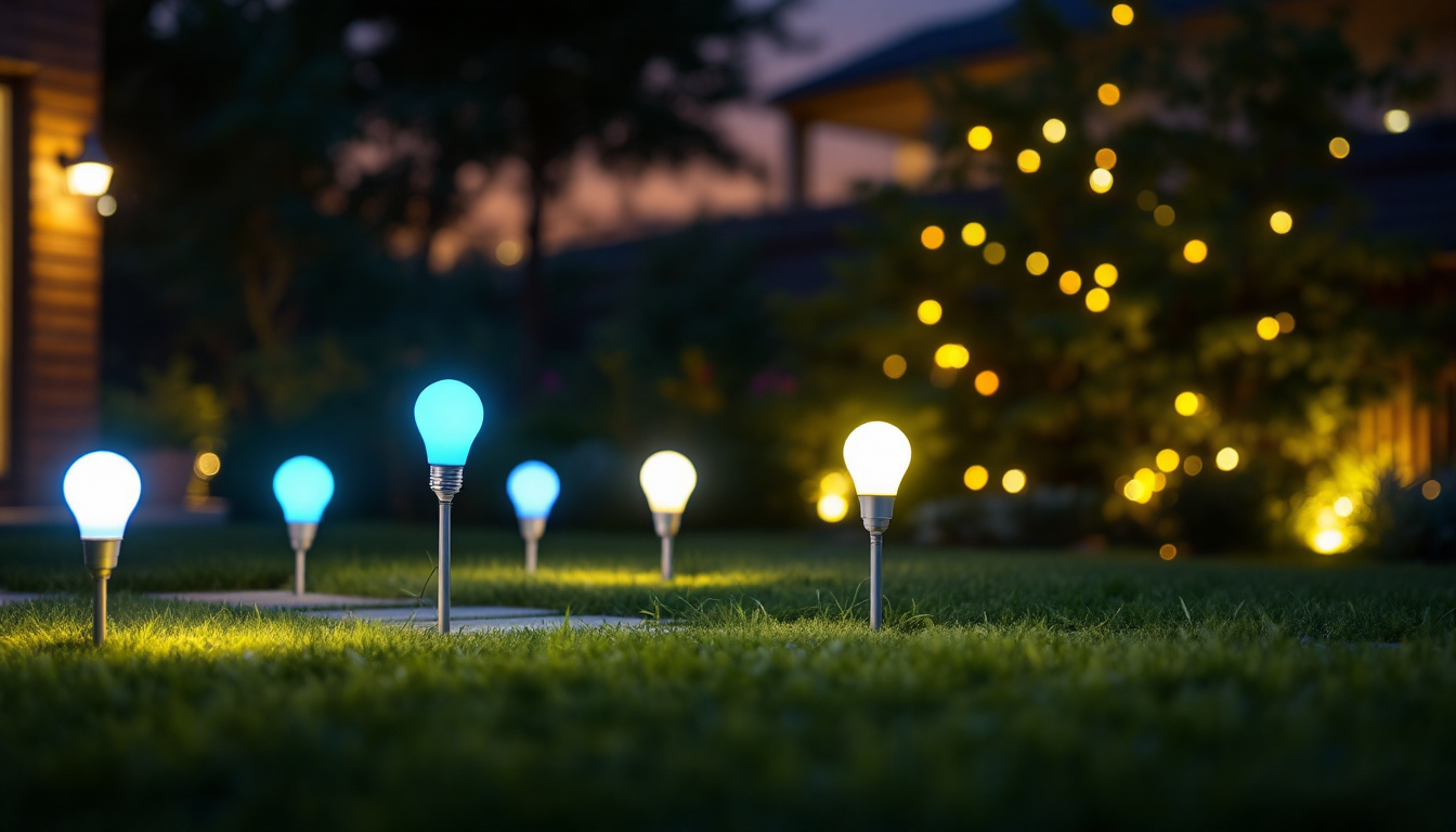 A photograph of a beautifully lit outdoor space showcasing various flood light bulbs in action
