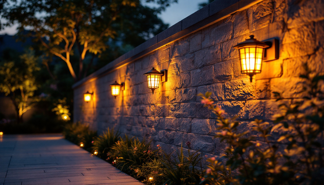 A photograph of a beautifully illuminated outdoor wall adorned with stylish solar lights at dusk