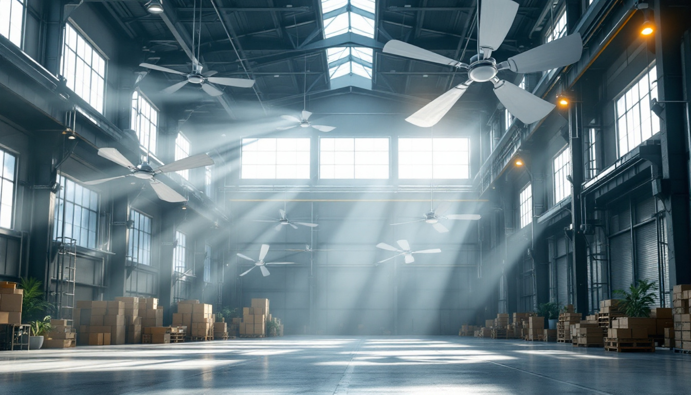 A photograph of a large industrial warehouse setting showcasing big ceiling fans in action