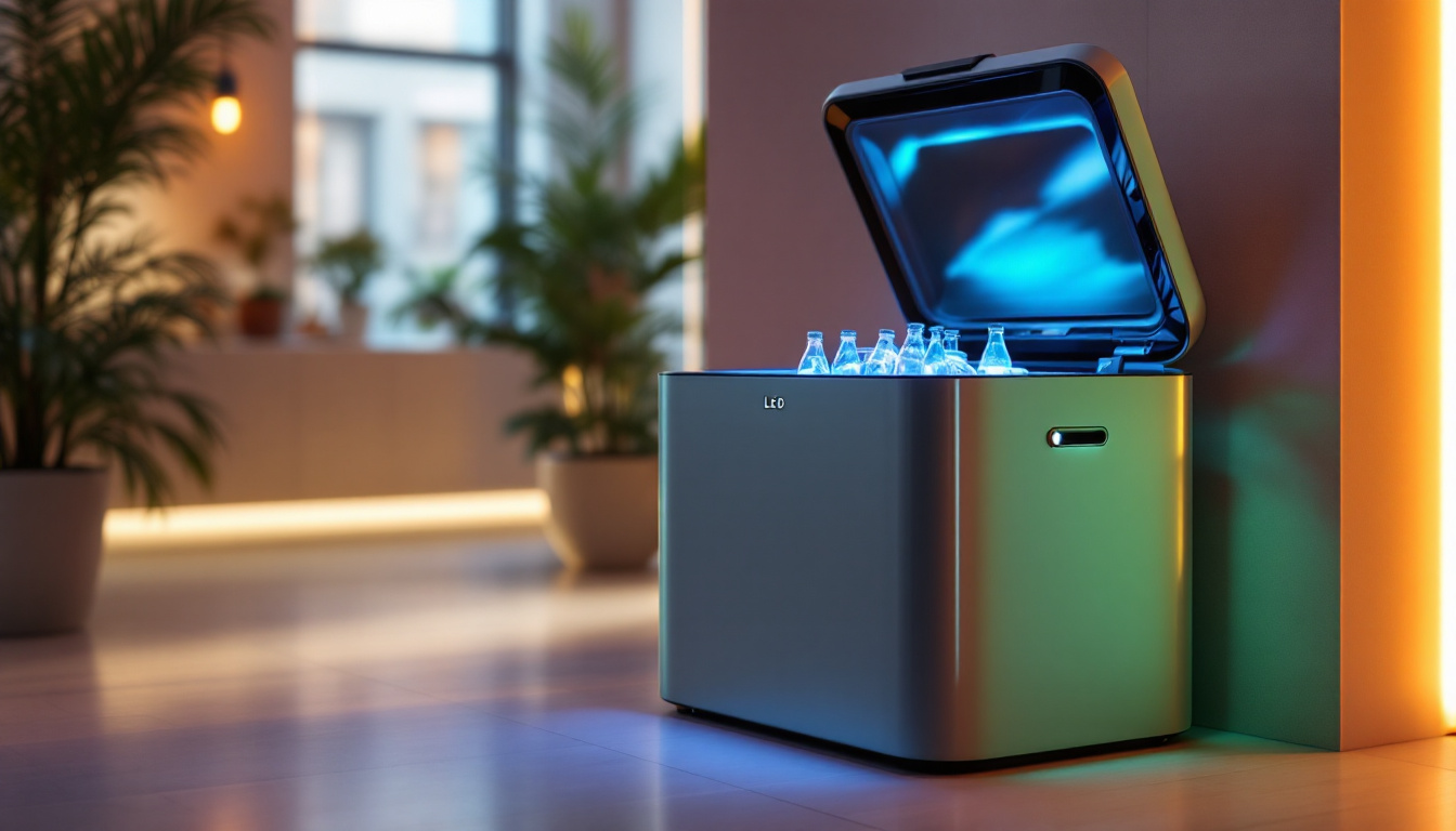 A photograph of a stylishly designed led cooler illuminated with vibrant