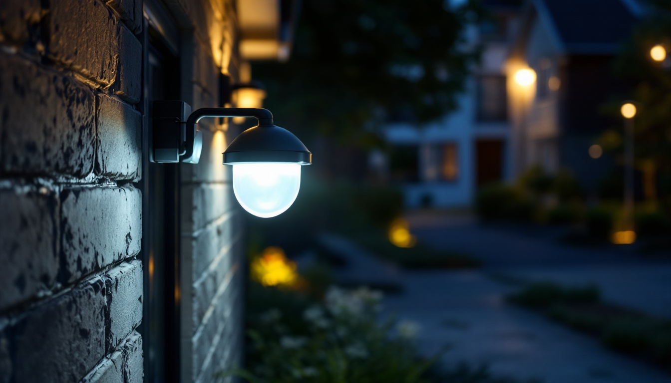 A photograph of a well-lit outdoor setting featuring security lights with motion sensors in action