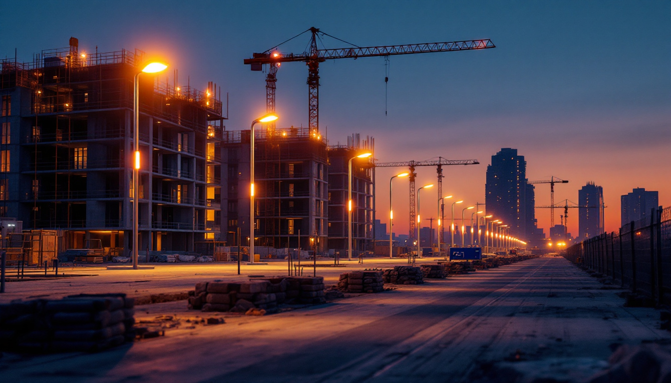 A photograph of a modern construction site at dusk