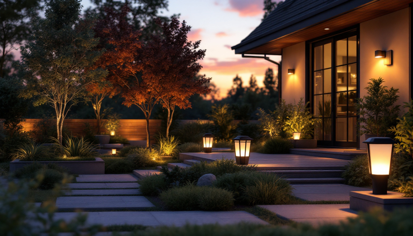A photograph of a beautifully illuminated outdoor space featuring various styles of exterior solar light fixtures