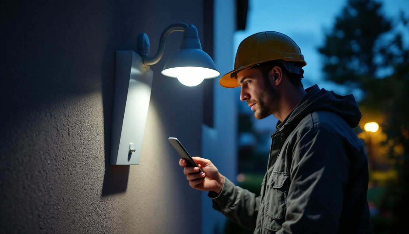 A photograph of a technician inspecting an outdoor area lighting led fixture at dusk