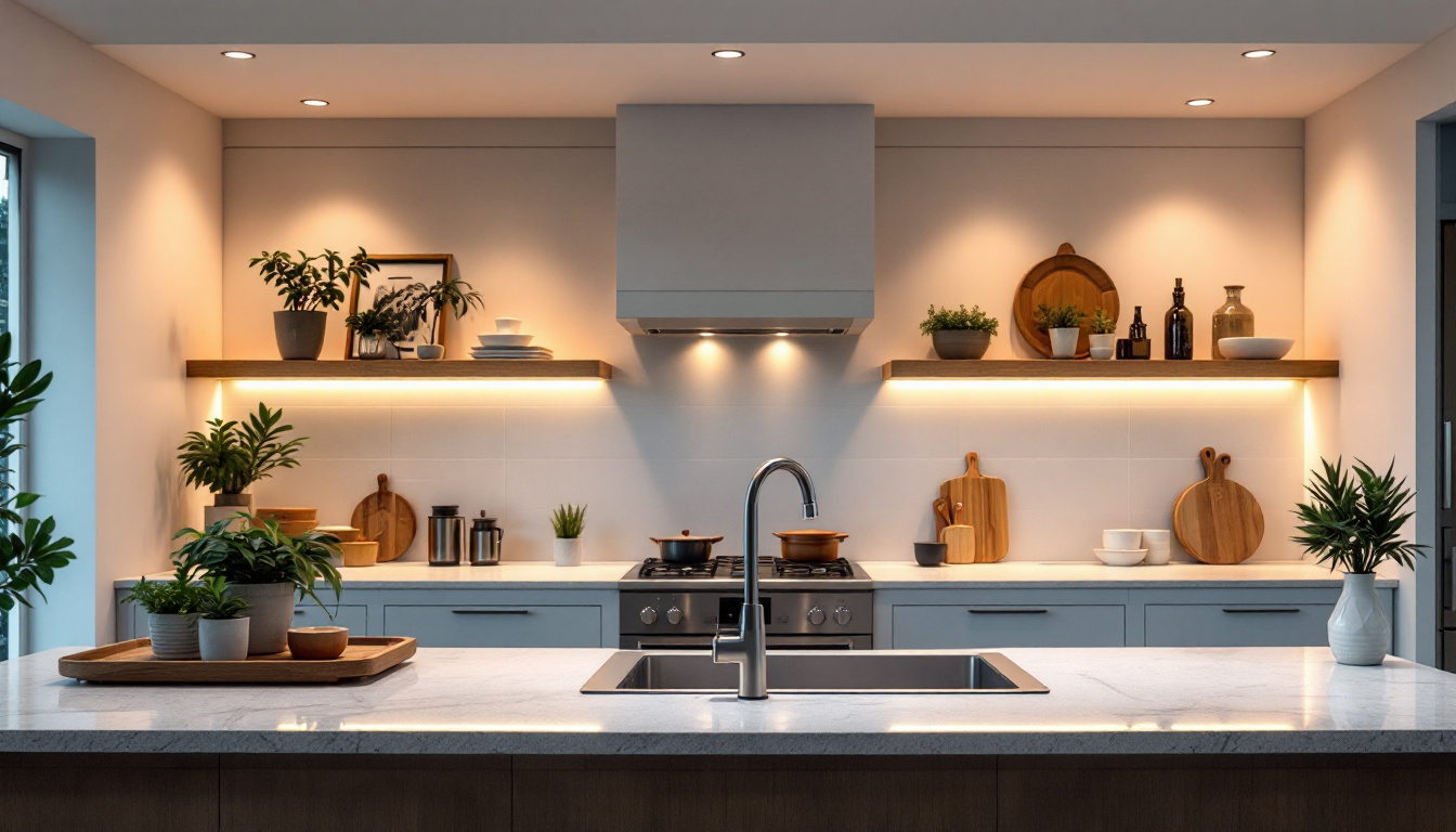 A photograph of a modern kitchen featuring well-placed recessed lighting that highlights the design and functionality of the space