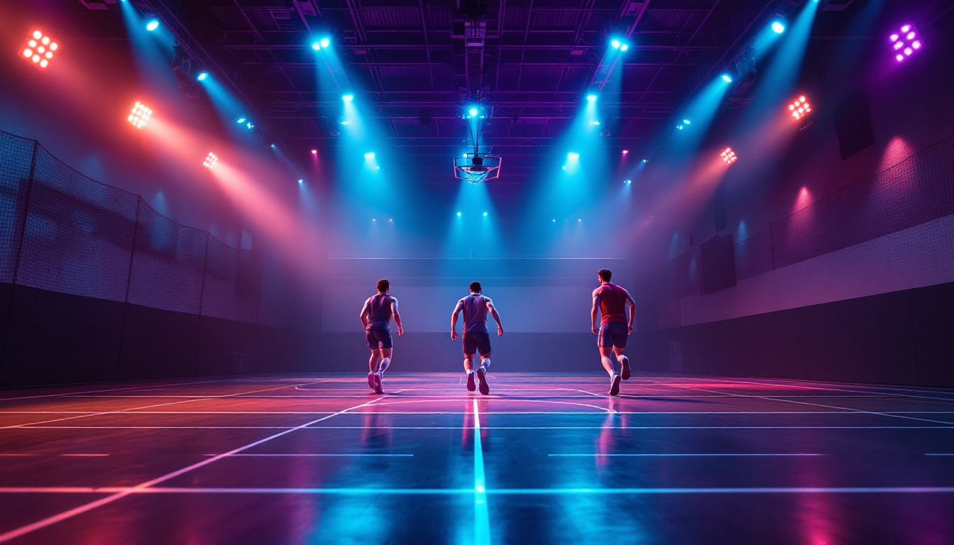 A photograph of a vibrant gymnasium illuminated by high-quality led lights