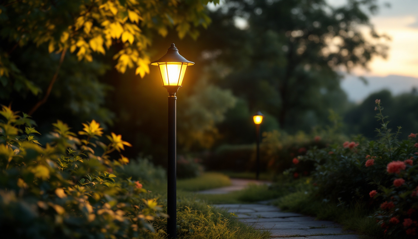 A photograph of a beautifully illuminated solar lamp post in an outdoor setting