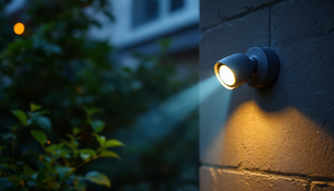 A photograph of a close-up view of a motion-sensored spotlight in an outdoor setting