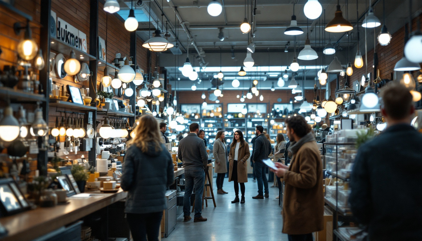 A photograph of a busy lighting supply store showcasing a variety of lighting fixtures