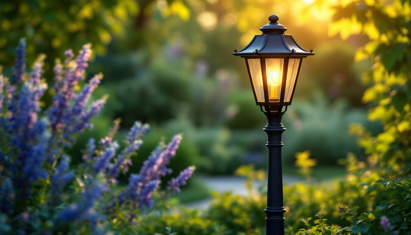 A photograph of a beautifully designed outdoor lamp in a well-lit garden setting
