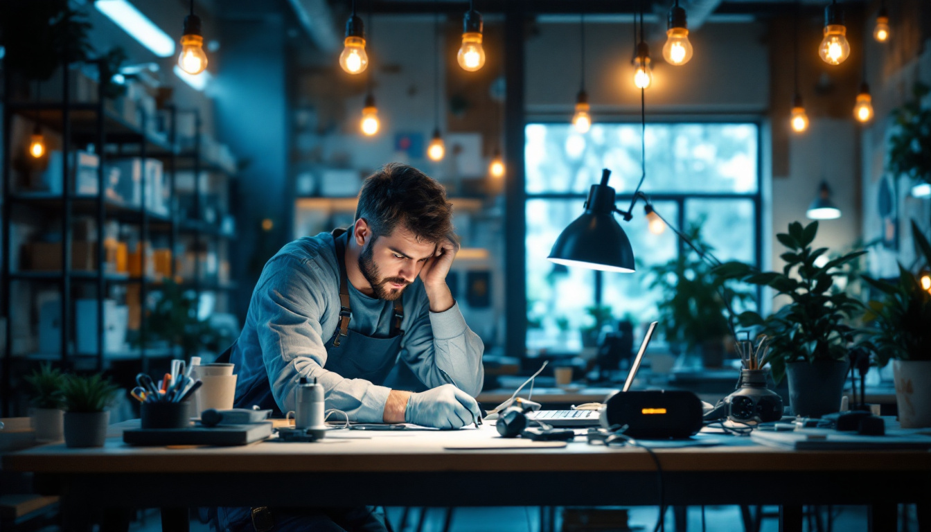 A photograph of a dynamic scene featuring an electrical engineer working on a project in a well-lit environment