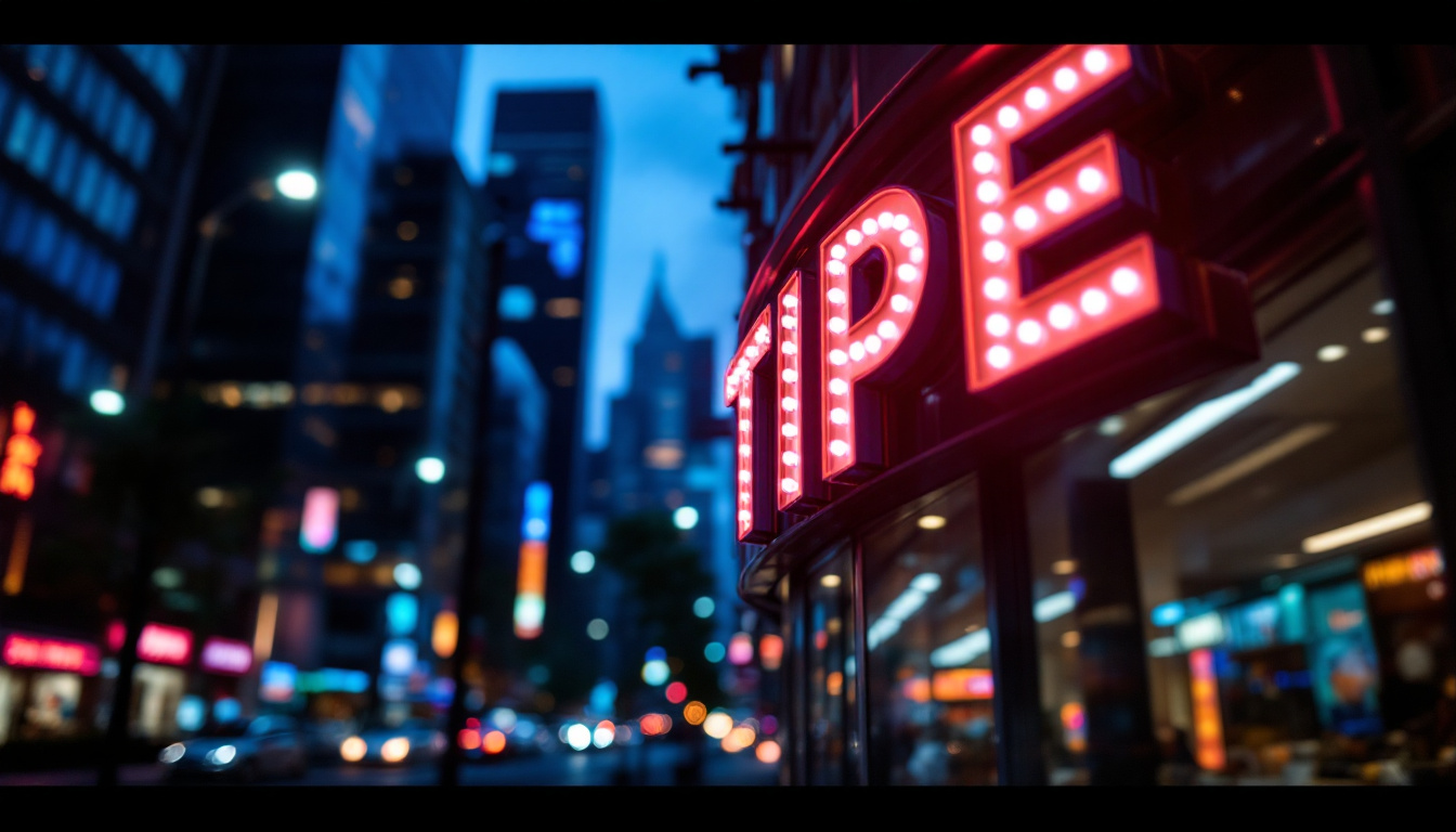 A photograph of a vibrant led-lit sign in an urban setting at dusk