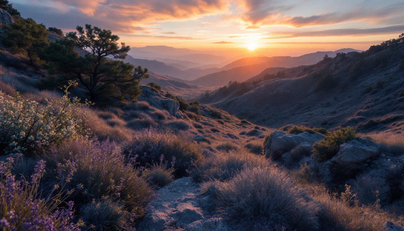 A photograph of a serene landscape transitioning from dawn to dusk
