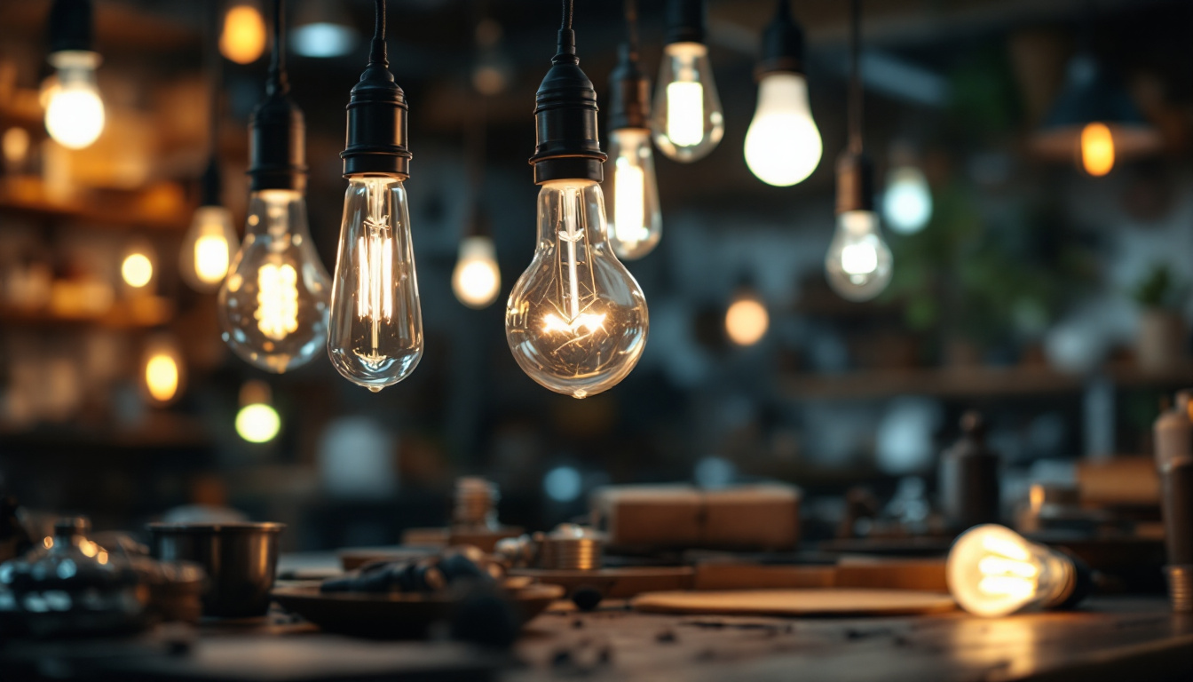 A photograph of a well-lit workshop setting featuring a variety of light bulbs in use