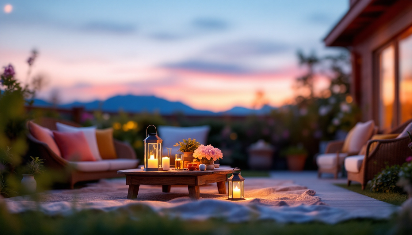 A photograph of a beautifully arranged outdoor setting at dusk