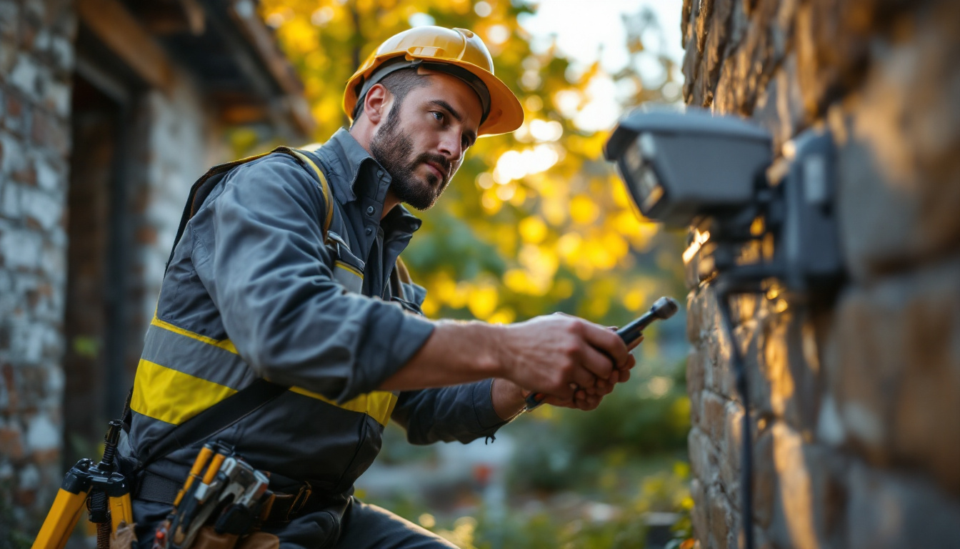 A photograph of a skilled electrical engineer working on the installation or testing of an outdoor motion detector