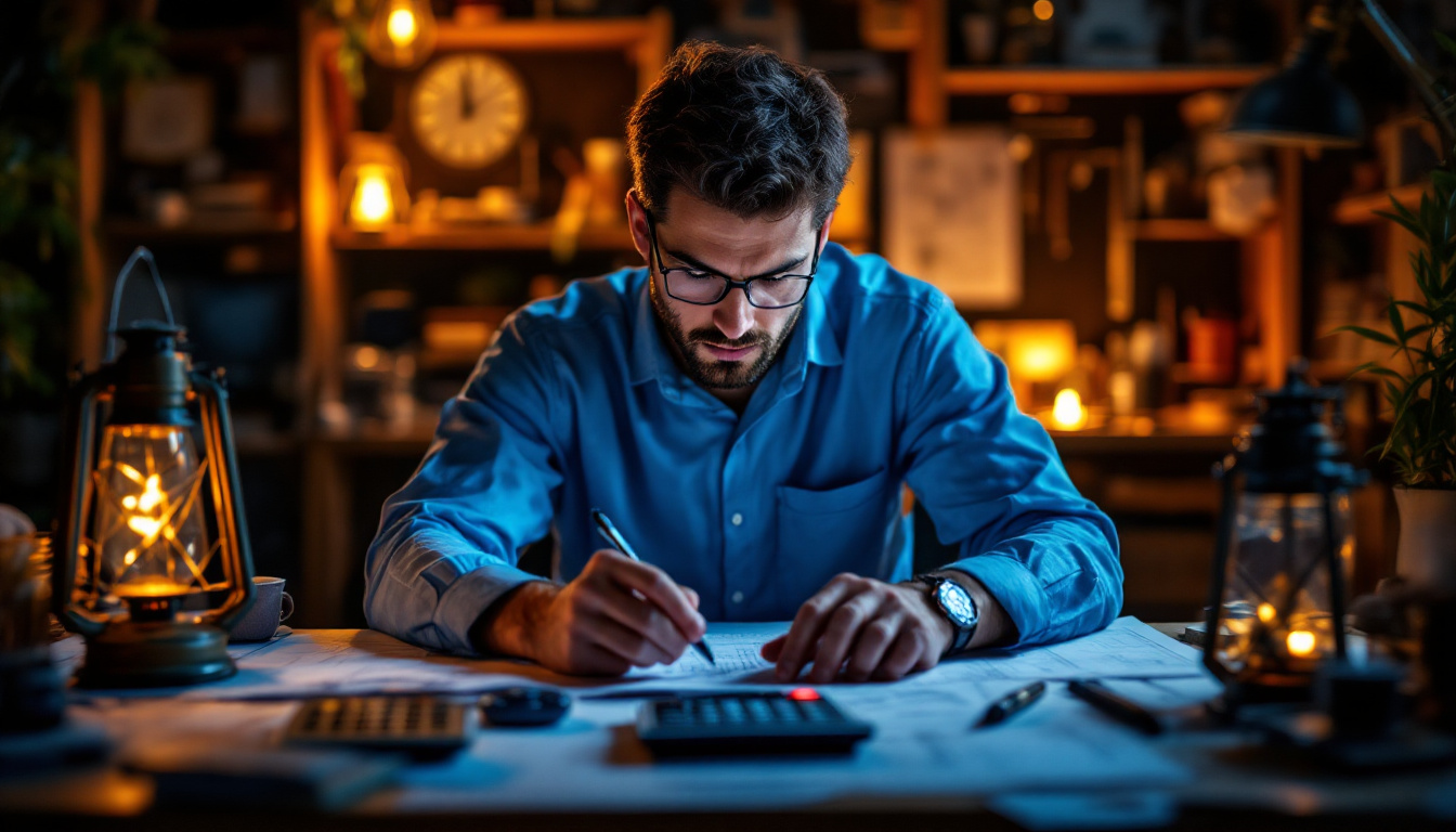 A photograph of a focused electrical engineer working intently at a desk surrounded by blueprints