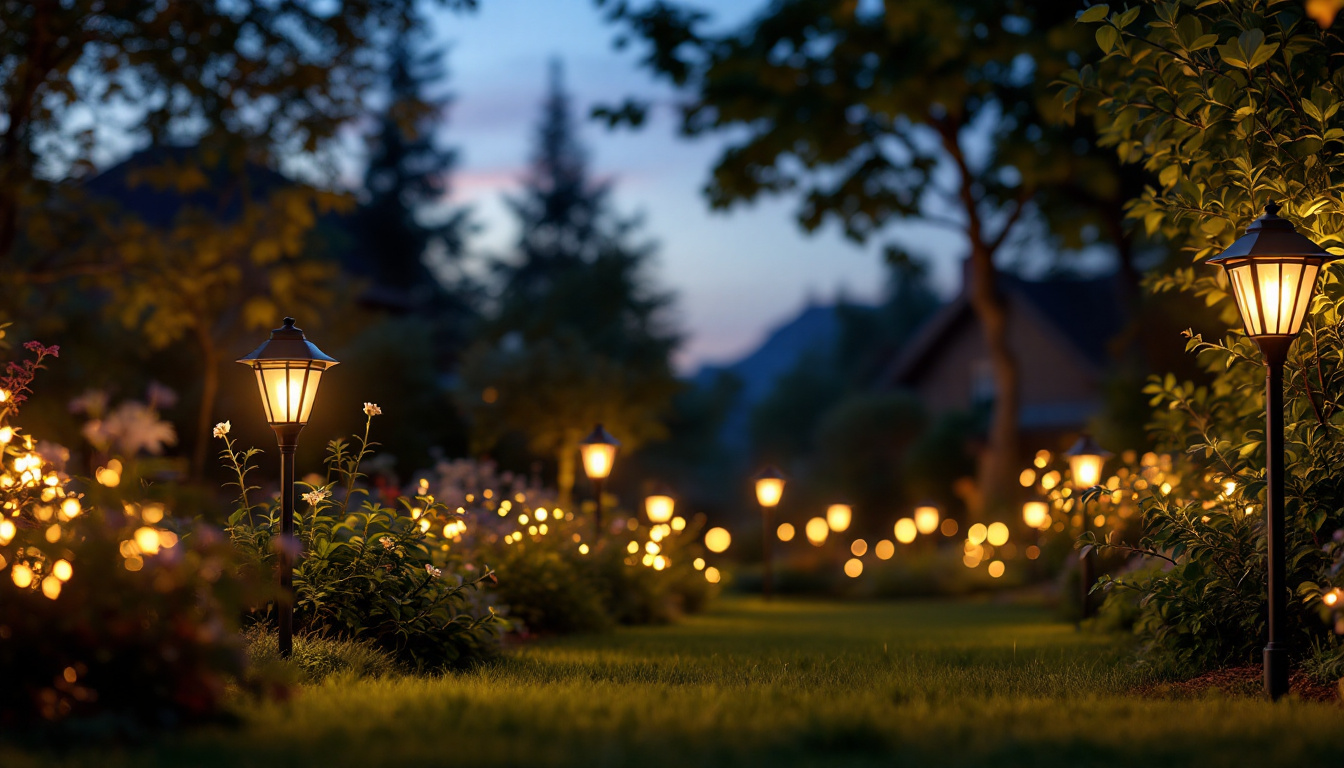 A photograph of a beautifully illuminated garden at dusk