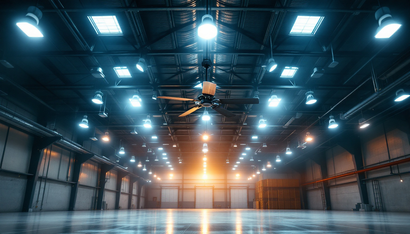 A photograph of a spacious warehouse interior featuring an industrial ceiling fan