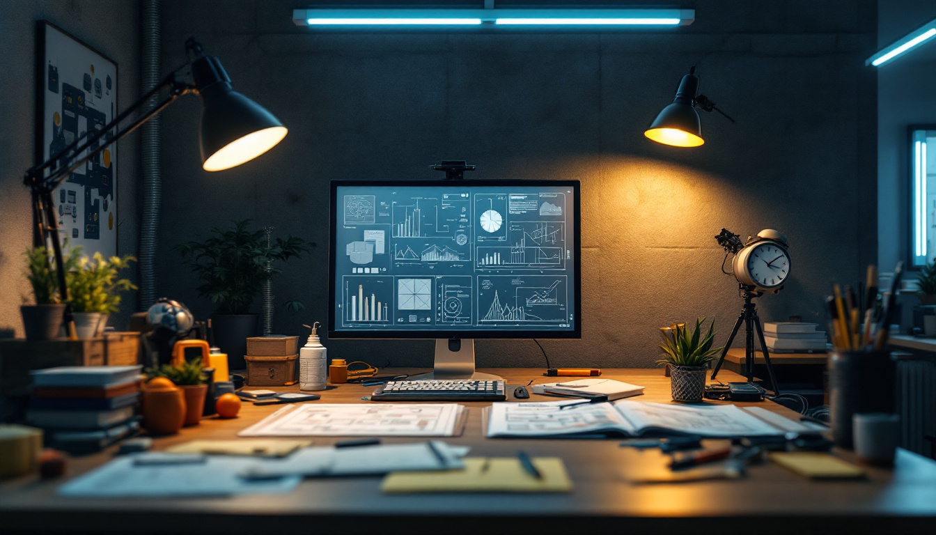 A photograph of a modern workspace featuring fluorescent lighting