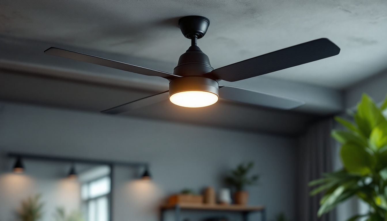 A photograph of an industrial-style ceiling fan installed in a modern interior space